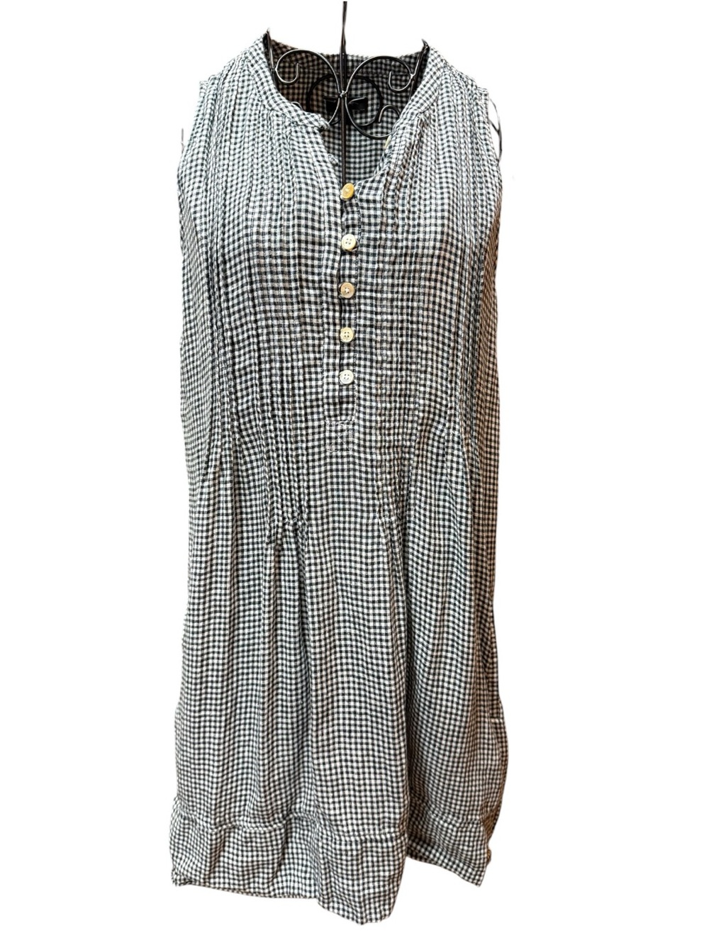 Quince 100% Linen Sleeveless Black and White Gingham Button-Front Dress
